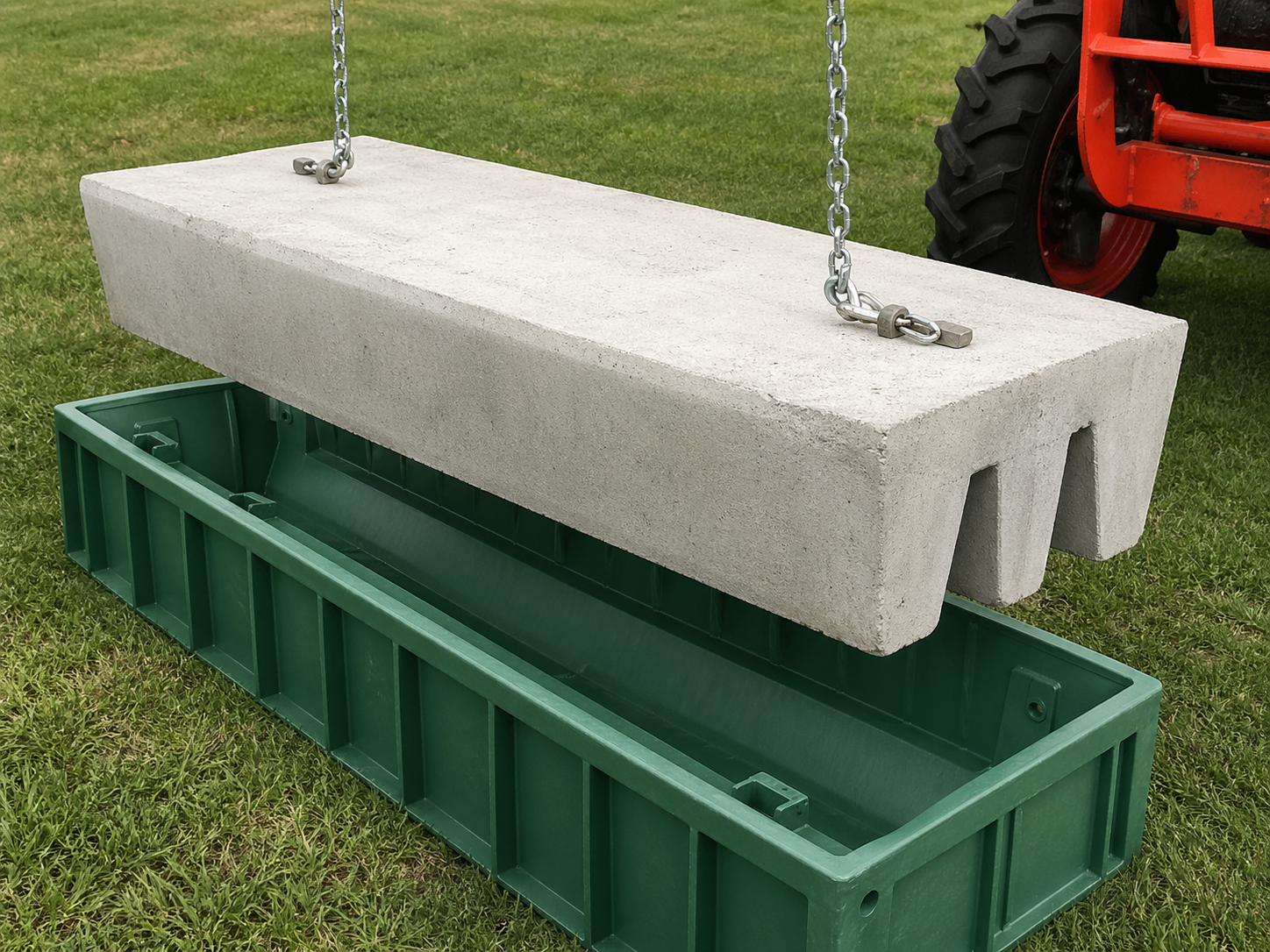 Cured concrete cattle guard being lifted from the reusable form