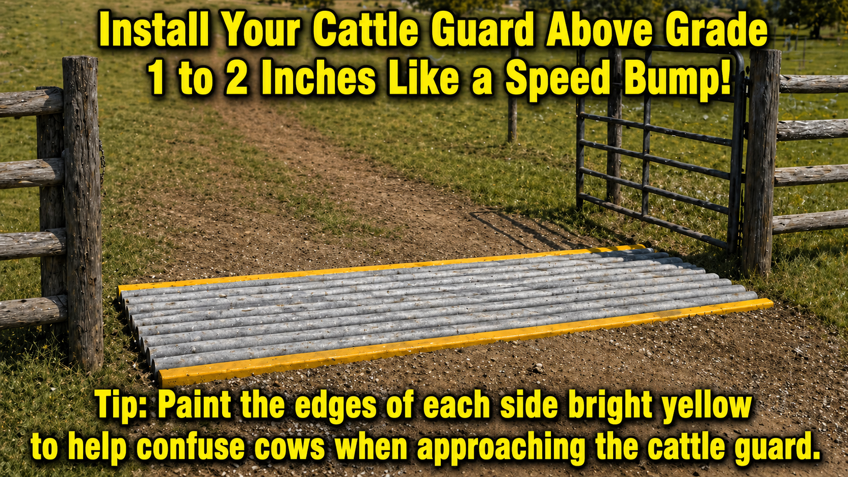 Finished above-grade cattle guard with yellow edges ready for final grading and inspection
